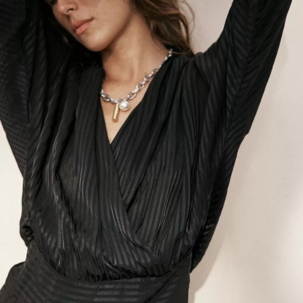 ✨🌸 ZARA Black Satin Wrap Blouse Chic‎ Elegant Minimalist Spring Top